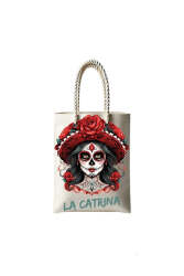 Çantasepette La Catrina Sanatsal Temalı Fermuarlı Günlük Kullanım Bez Çanta - Çantasepette